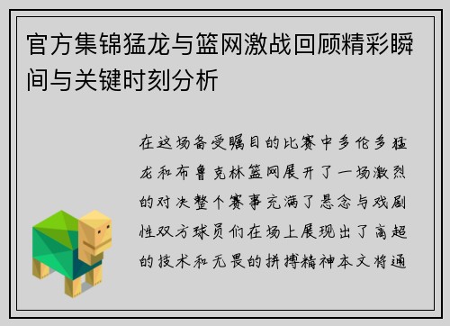 官方集锦猛龙与篮网激战回顾精彩瞬间与关键时刻分析